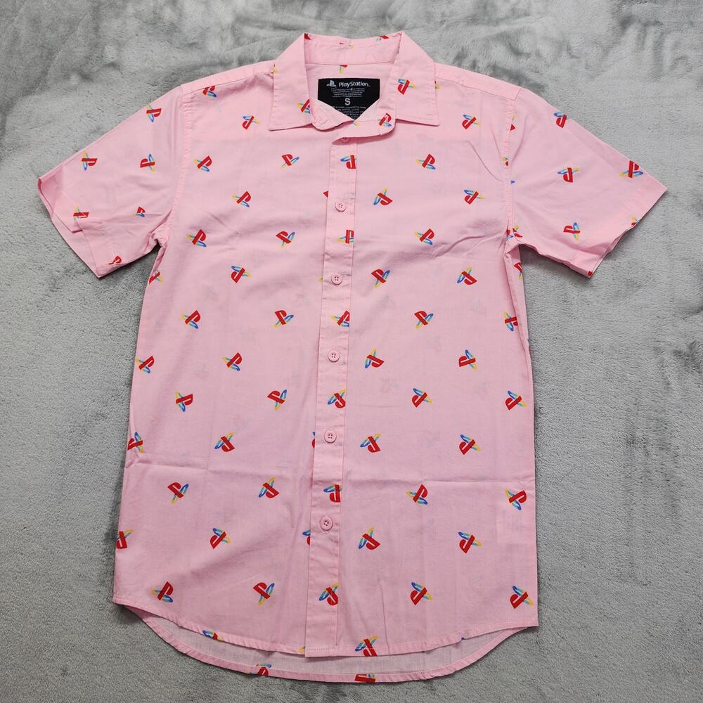 Sony PlayStation Short Sleeve Button Up Logo‎ Graphic Shirt Size S Pink Gaming